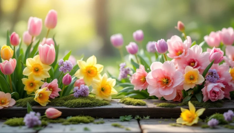 Bouquet printanier vibrant du Printemps 2025 avec des tulipes roses, des jonquilles jaunes et des fleurs pastel, reflétant les tendances de la saison en matière de couleurs et de style.