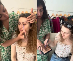 L'image montre deux jeunes femmes dans un environnement de boutique, l'une en train d'appliquer du maquillage sur le visage de l'autre.