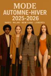 Quatre femmes en looks automne-hiver 2025-2026, associant manteaux oversize, fausse fourrure, tweed, transparence et jupes mini, dans un esprit superposition chic et coloré