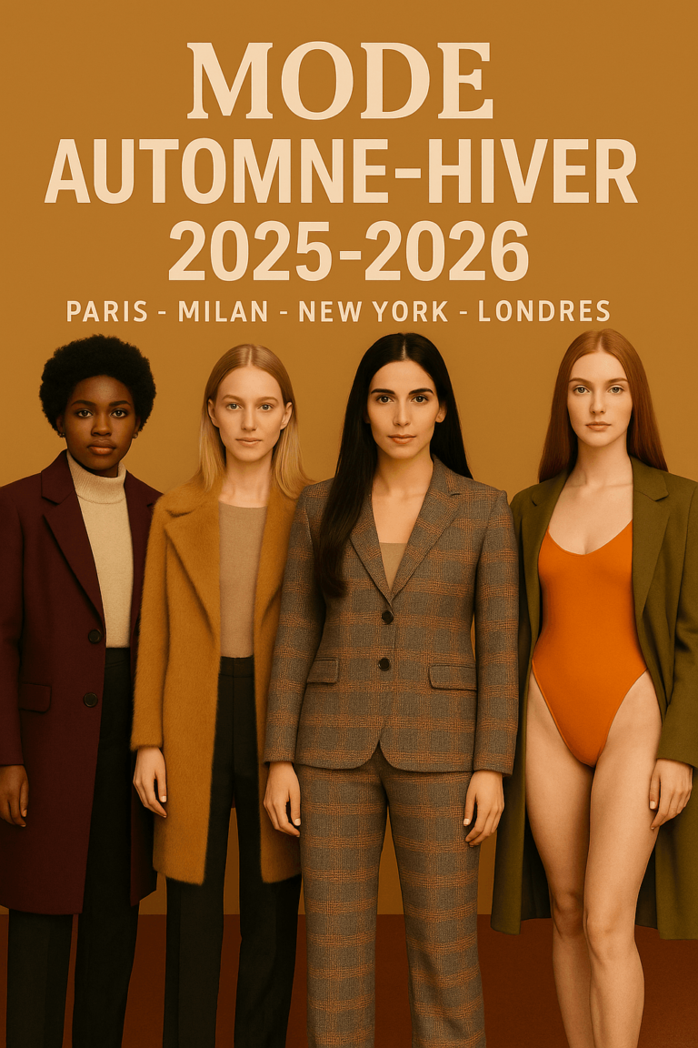 Quatre femmes en looks automne-hiver 2025-2026, associant manteaux oversize, fausse fourrure, tweed, transparence et jupes mini, dans un esprit superposition chic et coloré