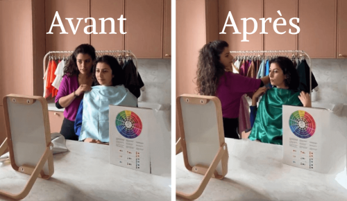 Test de colorimétrie avant/après avec des drapés bleu clair et vert pour identifier les couleurs à éviter sur un teint terne.