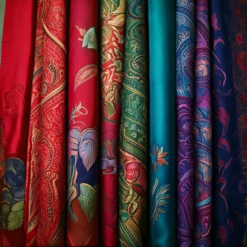 Éclats de Soie et d’Or Une rangée de tissus richement ornés aux couleurs vibrantes, allant du rouge au bleu en passant par le vert et le turquoise, avec des motifs floraux et des détails dorés pour un cadeau pour saint valentin.