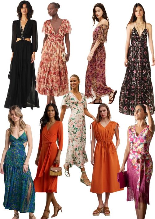 Collage de diverses robes d'été colorées et tendance, portées par des femmes aux morphologies variées.